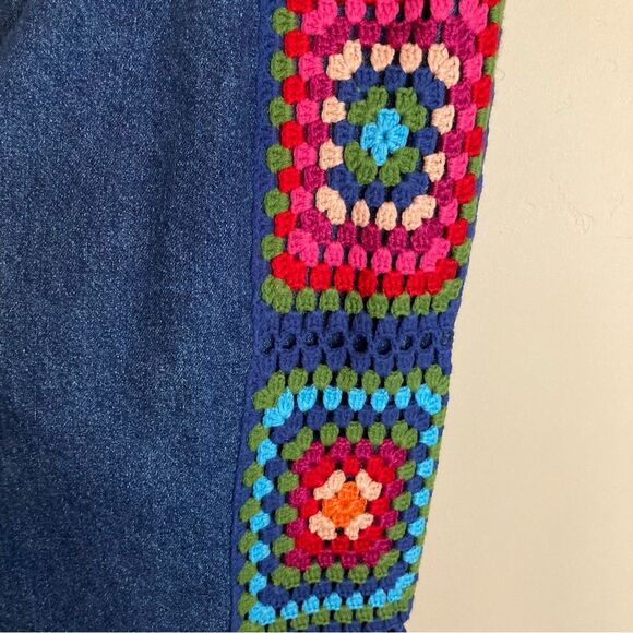 RARE Farm Rio Crochet Squares Denim Jacket & Jeans Set Pants Granny Blue Size S - Picture 12 of 16